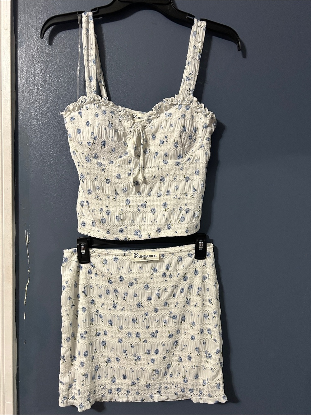 No Boundaries White & Light Blue Floral Smocked Crop Top and Skirt Set